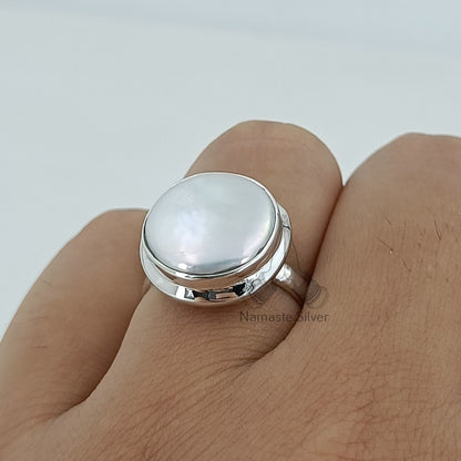 Coin Pearl Ring, 925 Sterling Silver Statement Promise Ring, Freshwater Coin Pearl Handmade Boho Jewelry, June Birthstone, Gift for her