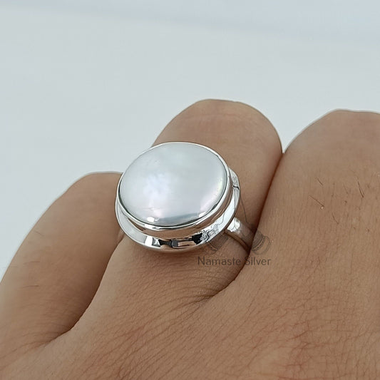 Coin Pearl Ring, 925 Sterling Silver Statement Promise Ring, Freshwater Coin Pearl Handmade Boho Jewelry, June Birthstone, Gift for her