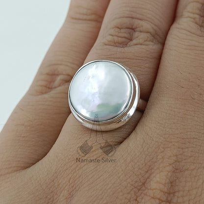 Coin Pearl Ring, 925 Sterling Silver Statement Promise Ring, Freshwater Coin Pearl Handmade Boho Jewelry, June Birthstone, Gift for her