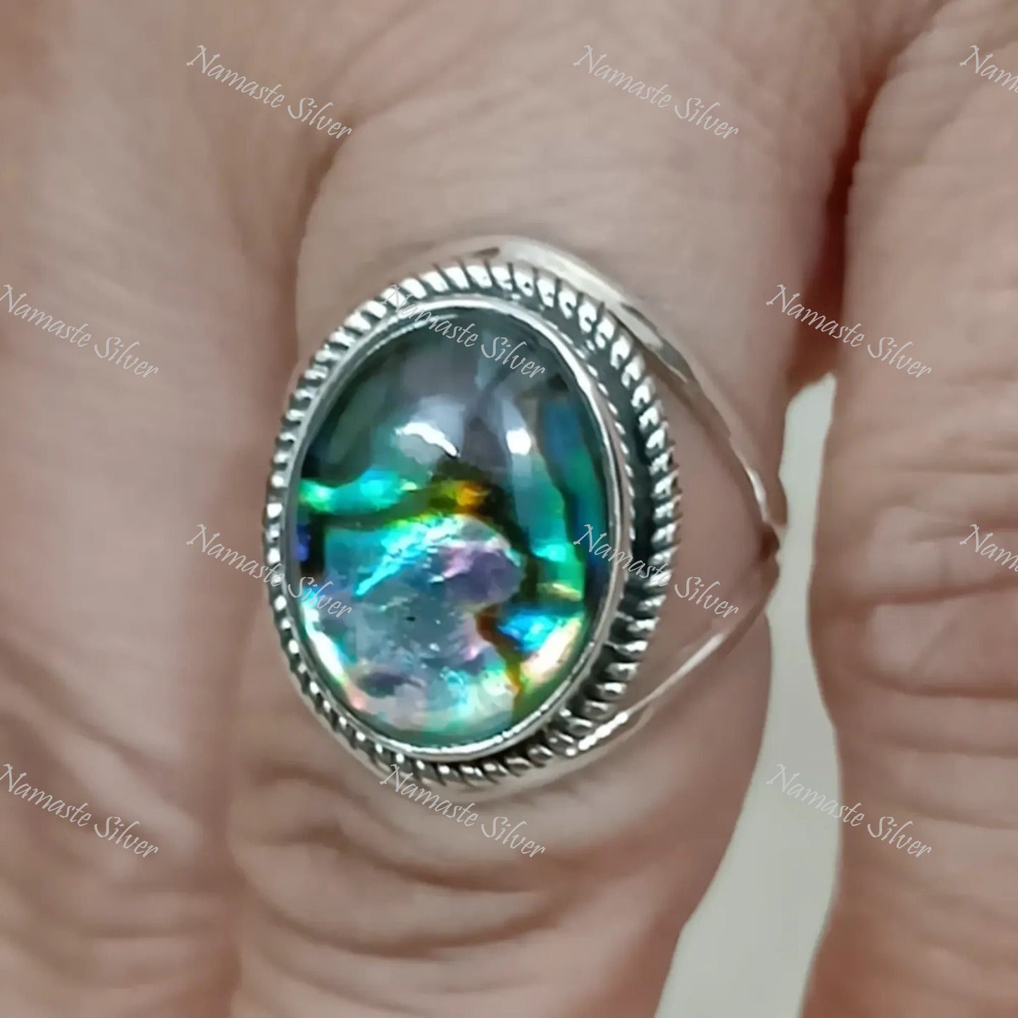 Abalone Shell Ring, 925 Sterling Silver Statement Promise Ring, Natural Blue Paua Seashell Doublet Oval Handmade Jewelry, Cute Gift for Her