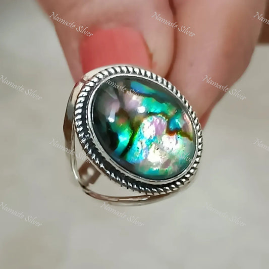 Abalone Shell Ring, 925 Sterling Silver Statement Promise Ring, Natural Blue Paua Seashell Doublet Oval Handmade Jewelry, Cute Gift for Her