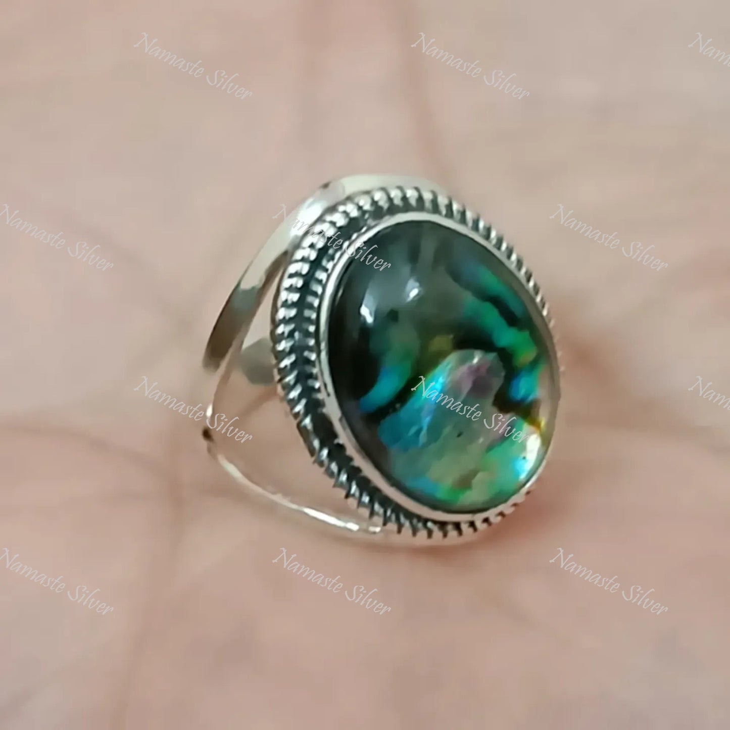 Abalone Shell Ring, 925 Sterling Silver Statement Promise Ring, Natural Blue Paua Seashell Doublet Oval Handmade Jewelry, Cute Gift for Her