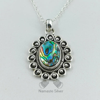 Abalone Shell Necklace, 925 Sterling Silver Pendant Locket Chain, Natural Blue Paua shell Oval Handmade Boho Jewelry, Elegant Gift for Her