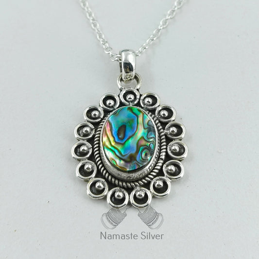 Abalone Shell Necklace, 925 Sterling Silver Pendant Locket Chain, Natural Blue Paua shell Oval Handmade Boho Jewelry, Elegant Gift for Her