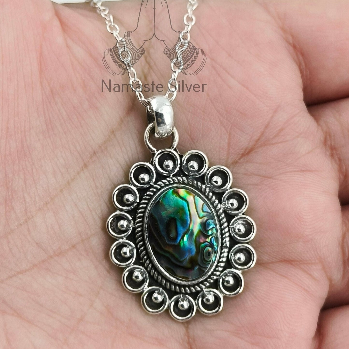 Abalone Shell Necklace, 925 Sterling Silver Pendant Locket Chain, Natural Blue Paua shell Oval Handmade Boho Jewelry, Elegant Gift for Her