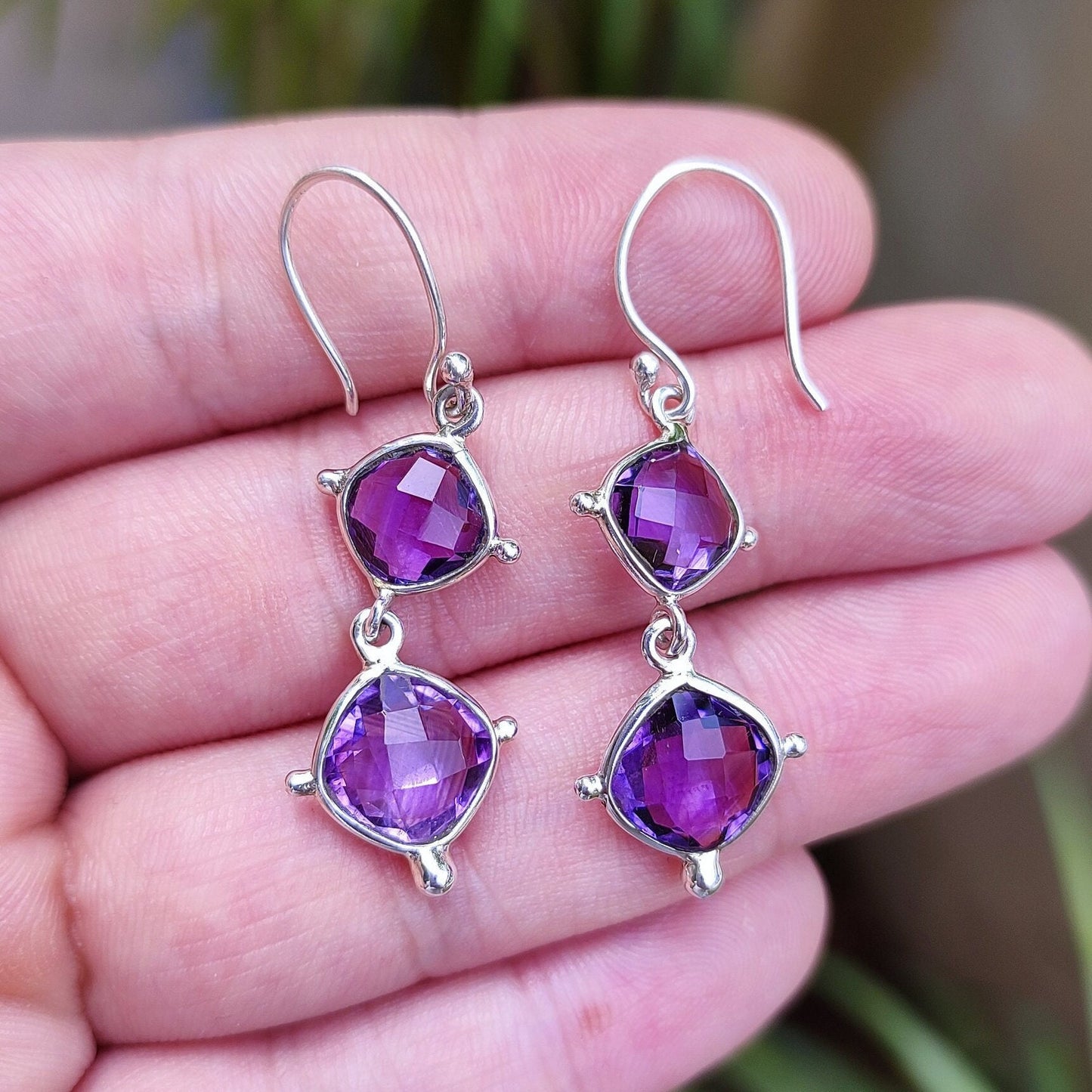Amethyst Earrings, 925 Sterling Silver Dangle Earrings, Natural Purple Gemstone Cushion Handmade Jewelry, February Birthstone, Gift for Her