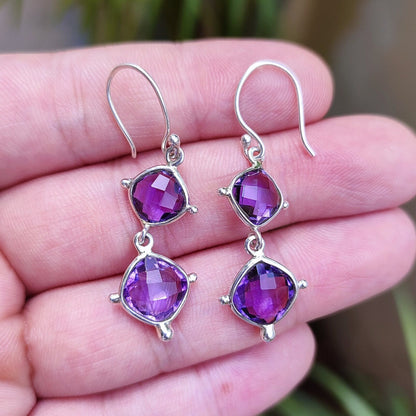 Amethyst Earrings, 925 Sterling Silver Dangle Earrings, Natural Purple Gemstone Cushion Handmade Jewelry, February Birthstone, Gift for Her