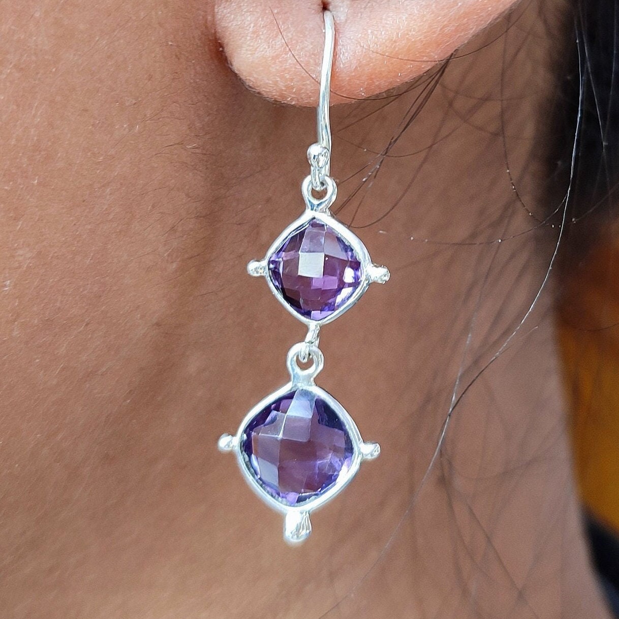 Amethyst Earrings, 925 Sterling Silver Dangle Earrings, Natural Purple Gemstone Cushion Handmade Jewelry, February Birthstone, Gift for Her