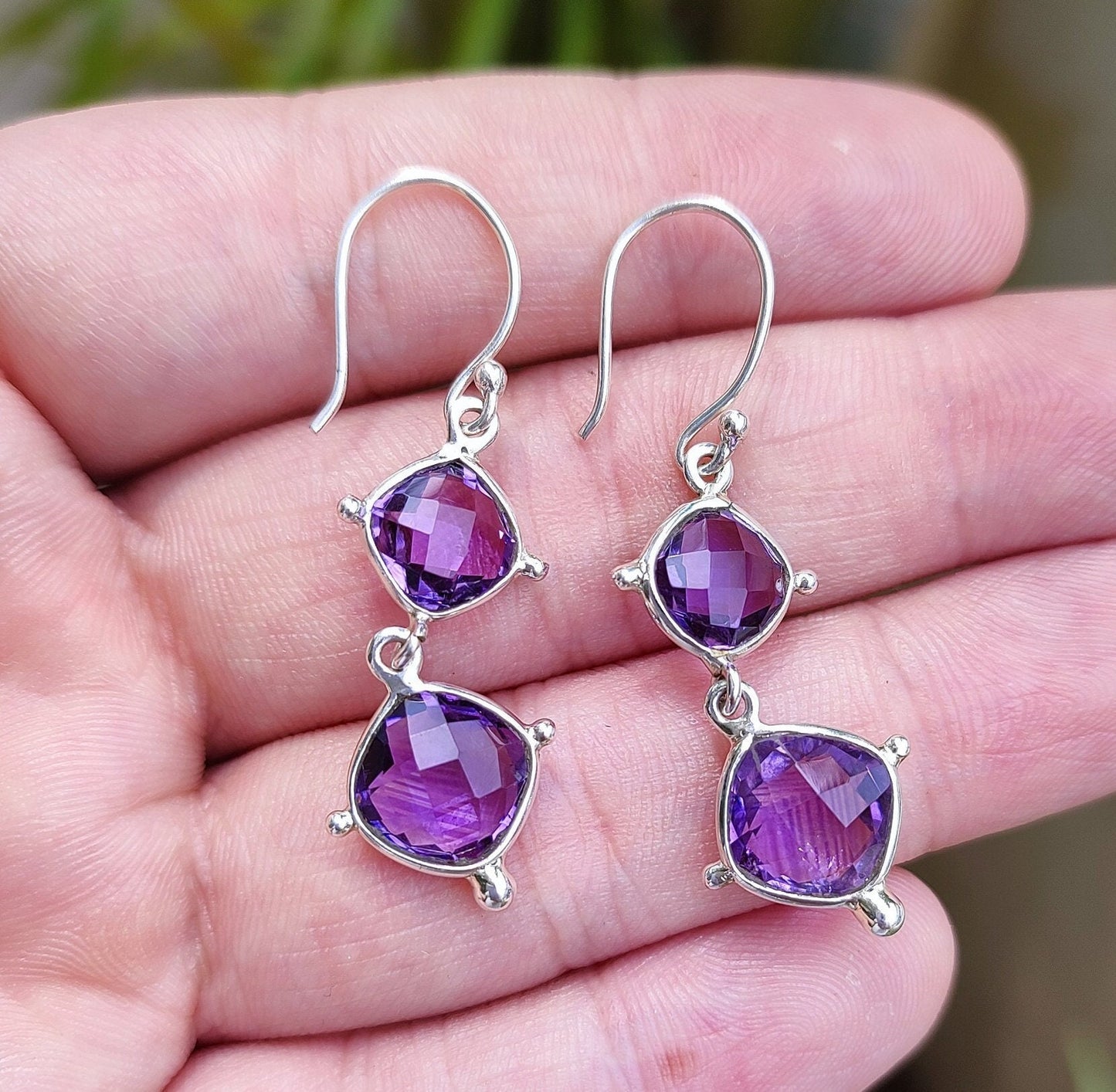 Amethyst Earrings, 925 Sterling Silver Dangle Earrings, Natural Purple Gemstone Cushion Handmade Jewelry, February Birthstone, Gift for Her