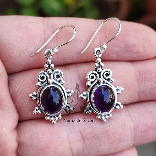 Amethyst Earrings, 925 Sterling Silver Dangle Earrings, Natural Amethyst Oval Gemstone Handmade Jewelry, February Birthstone Gift for her