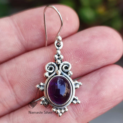 Amethyst Earrings, 925 Sterling Silver Dangle Earrings, Natural Amethyst Oval Gemstone Handmade Jewelry, February Birthstone Gift for her