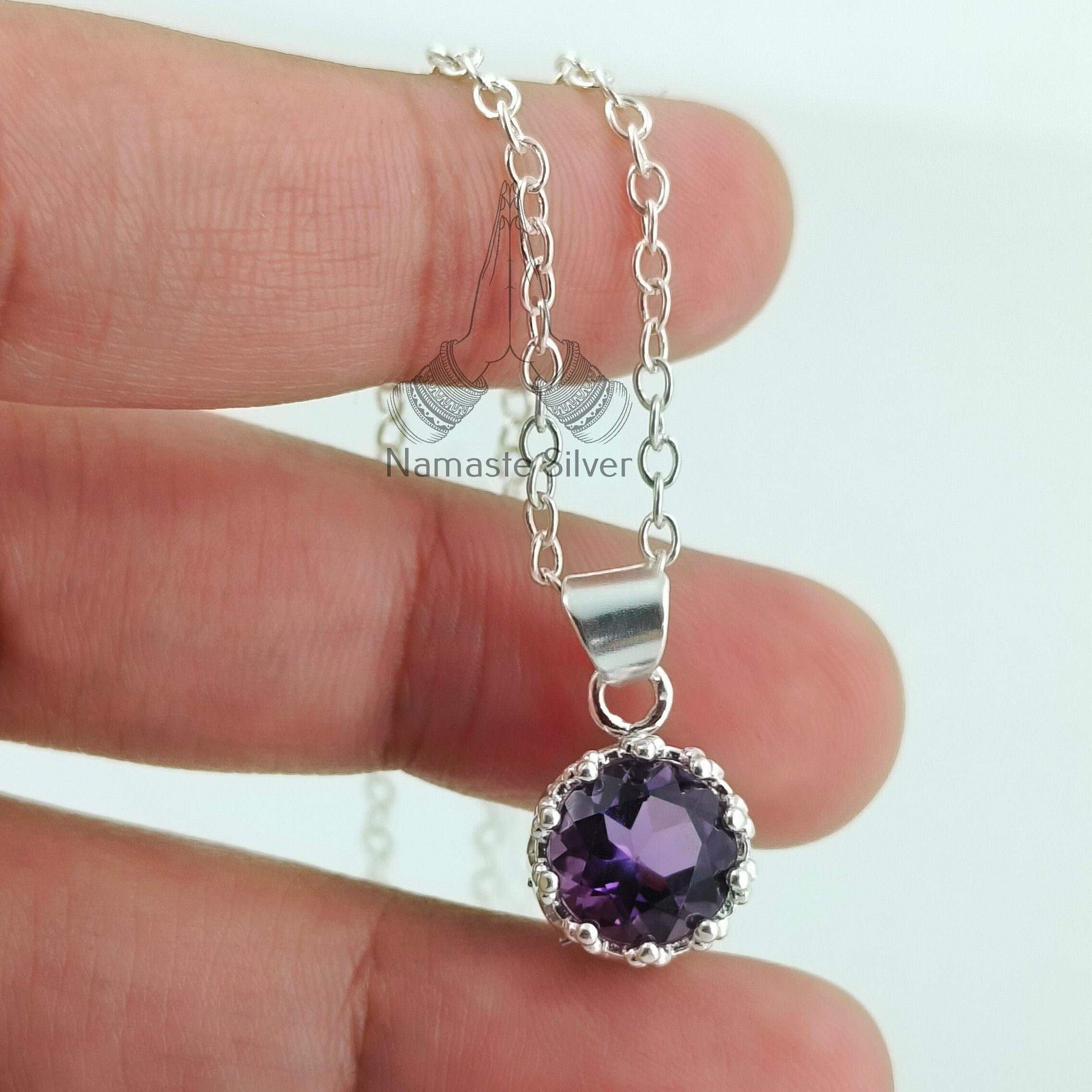 Amethyst Necklace, 925 Sterling Silver Handmade Locket Chain, Natural Purple Round Gemstone Boho Jewelry, February Birthstone, Gift for her
