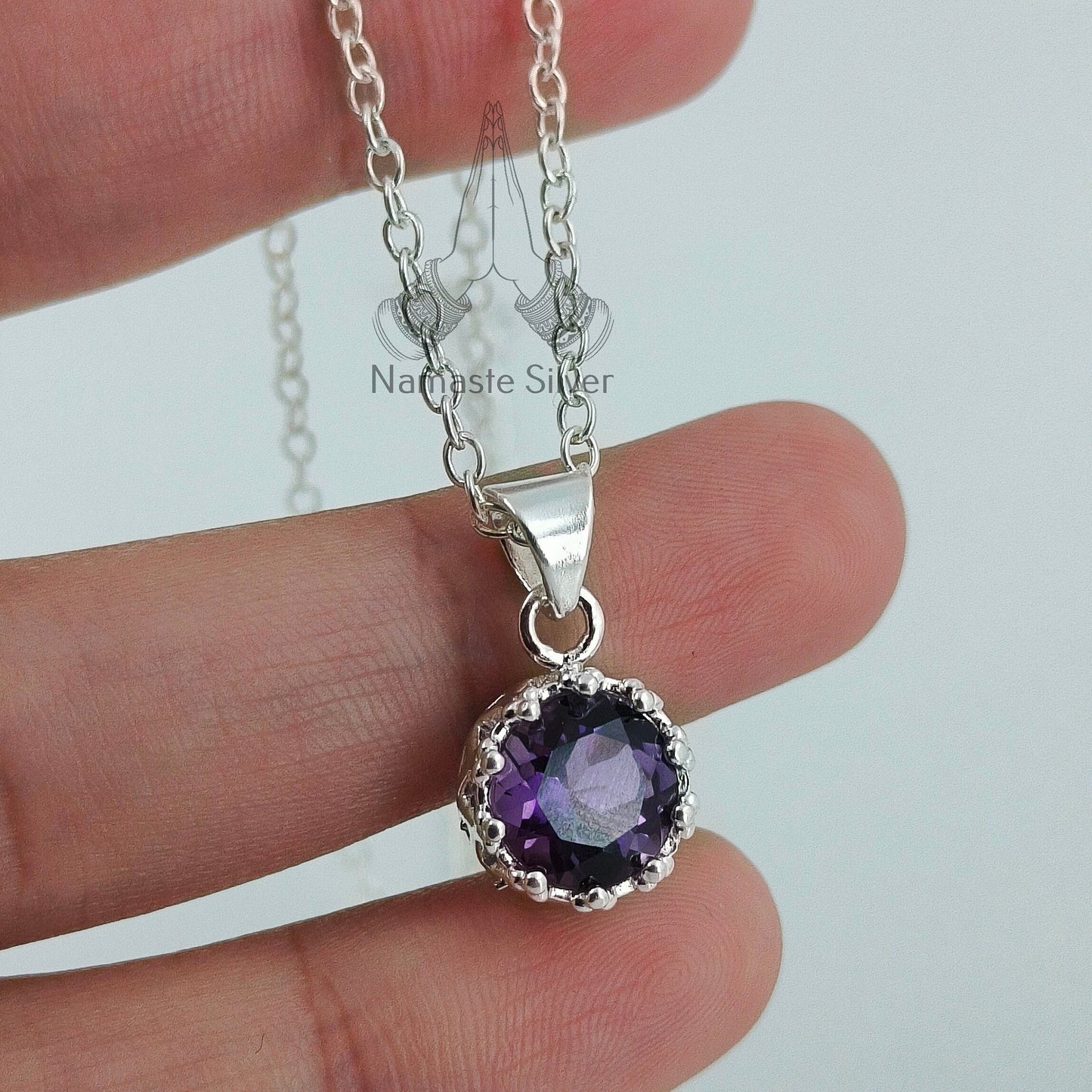Amethyst Necklace, 925 Sterling Silver Handmade Locket Chain, Natural Purple Round Gemstone Boho Jewelry, February Birthstone, Gift for her