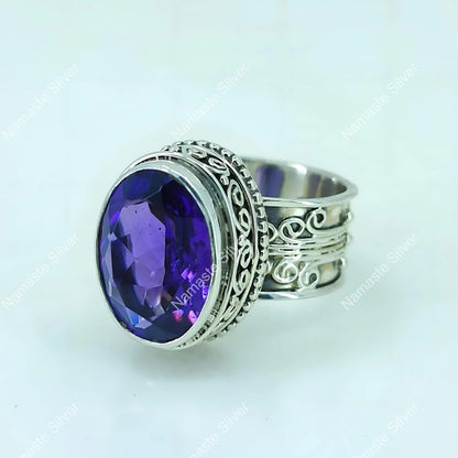 Amethyst Ring, 925 Sterling Silver Cocktail Ring for Women, Natural Purple Gemstone Oval Boho Handmade Jewelry, February Birthstone Gift