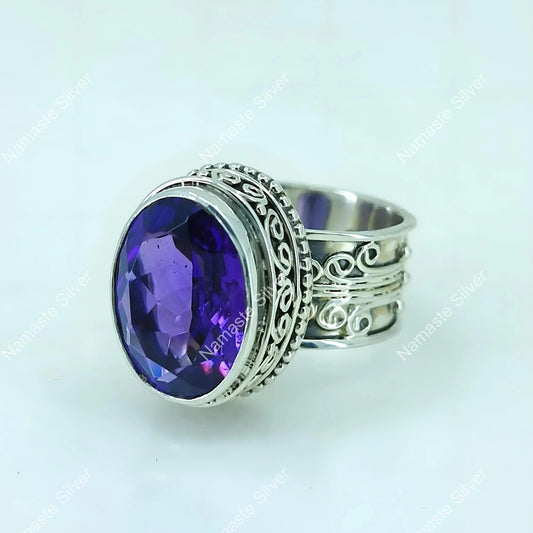 Amethyst Ring, 925 Sterling Silver Cocktail Ring for Women, Natural Purple Gemstone Oval Boho Handmade Jewelry, February Birthstone Gift