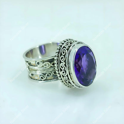 Amethyst Ring, 925 Sterling Silver Cocktail Ring for Women, Natural Purple Gemstone Oval Boho Handmade Jewelry, February Birthstone Gift