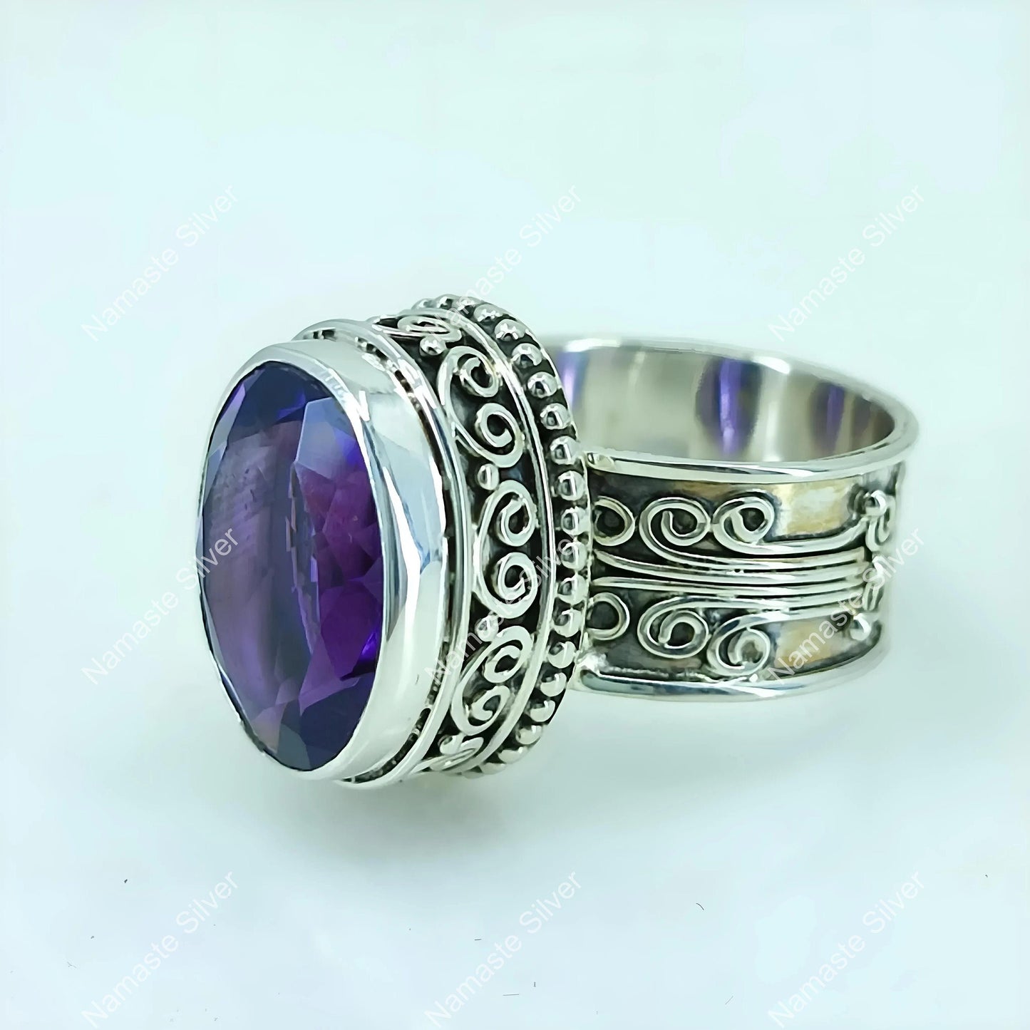 Amethyst Ring, 925 Sterling Silver Cocktail Ring for Women, Natural Purple Gemstone Oval Boho Handmade Jewelry, February Birthstone Gift