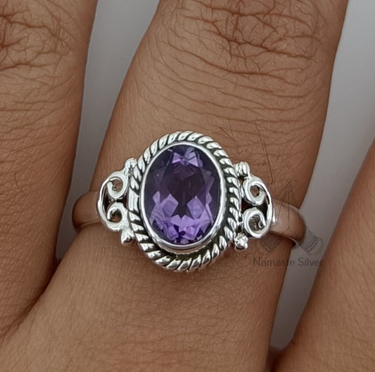 Amethyst Ring, 925 Sterling Silver Handmade Statement Promise Ring, Natural Purple Gemstone Oval Jewelry, February Birthstone, Gift for her