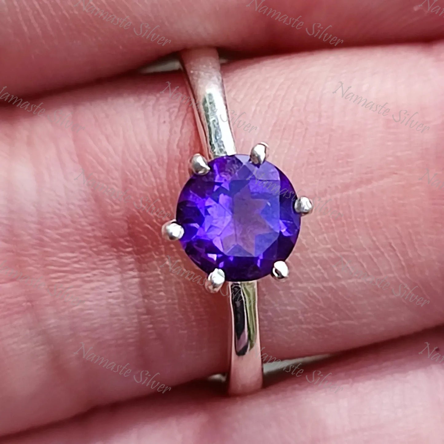 Amethyst Ring, 925 Sterling Silver Solitaire Promise Ring, Natural Purple Gemstone Round Handmade Jewelry, February Birthstone, Gift for Her