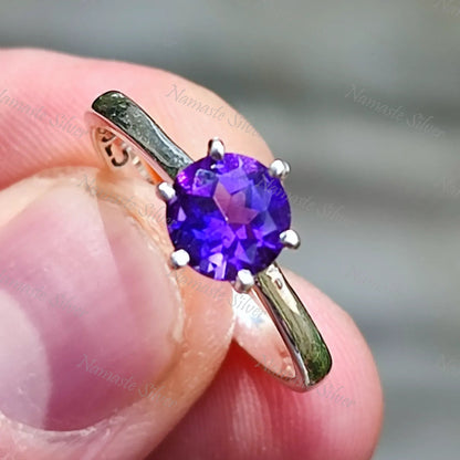 Amethyst Ring, 925 Sterling Silver Solitaire Promise Ring, Natural Purple Gemstone Round Handmade Jewelry, February Birthstone, Gift for Her