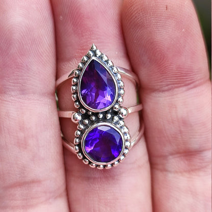 Amethyst Ring, 925 Sterling Silver Statement Promise Ring, Natural Purple Dual Gemstone Handmade Jewelry, February Birthstone, Gift For Her