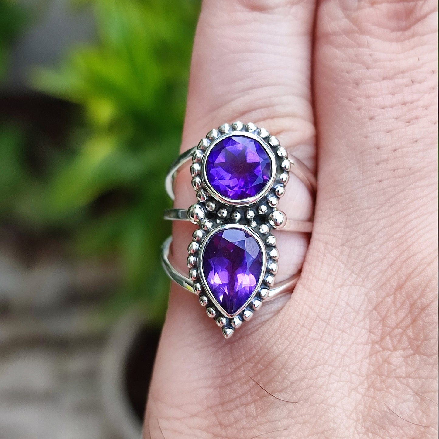 Amethyst Ring, 925 Sterling Silver Statement Promise Ring, Natural Purple Dual Gemstone Handmade Jewelry, February Birthstone, Gift For Her