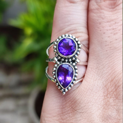 Amethyst Ring, 925 Sterling Silver Statement Promise Ring, Natural Purple Dual Gemstone Handmade Jewelry, February Birthstone, Gift For Her