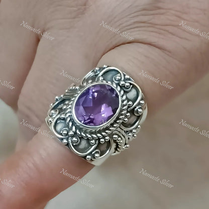 Amethyst Ring, 925 Sterling Silver Statement Promise Ring, Natural Purple Gemstone Oval Handmade Jewelry, February Birthstone, Gift for her