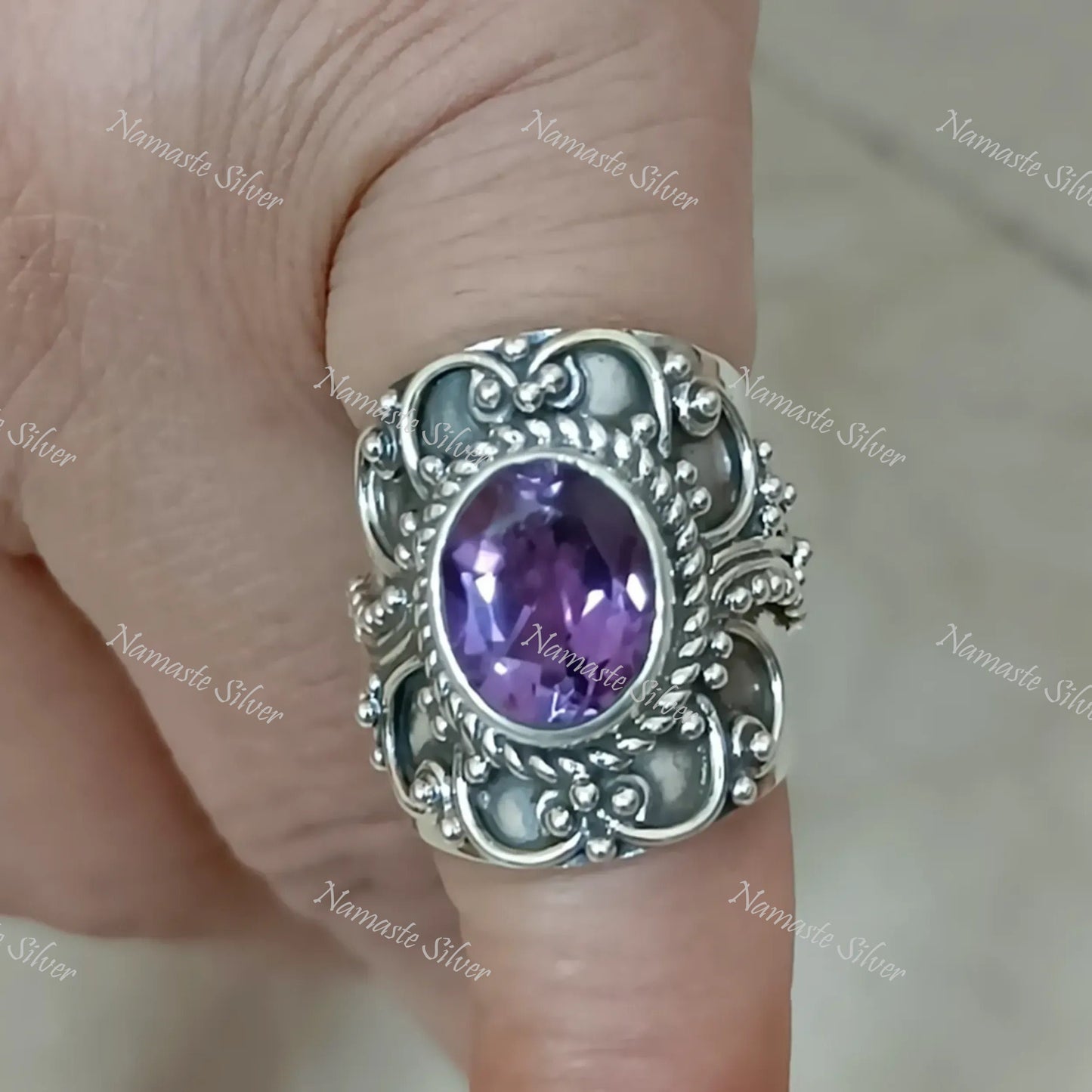 Amethyst Ring, 925 Sterling Silver Statement Promise Ring, Natural Purple Gemstone Oval Handmade Jewelry, February Birthstone, Gift for her