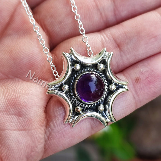 Amethyst Necklace, 925 Sterling Silver Pendant, Natural Purple Amethyst Round Gemstone Handmade Jewelry, February Birthstone, Gift for Her