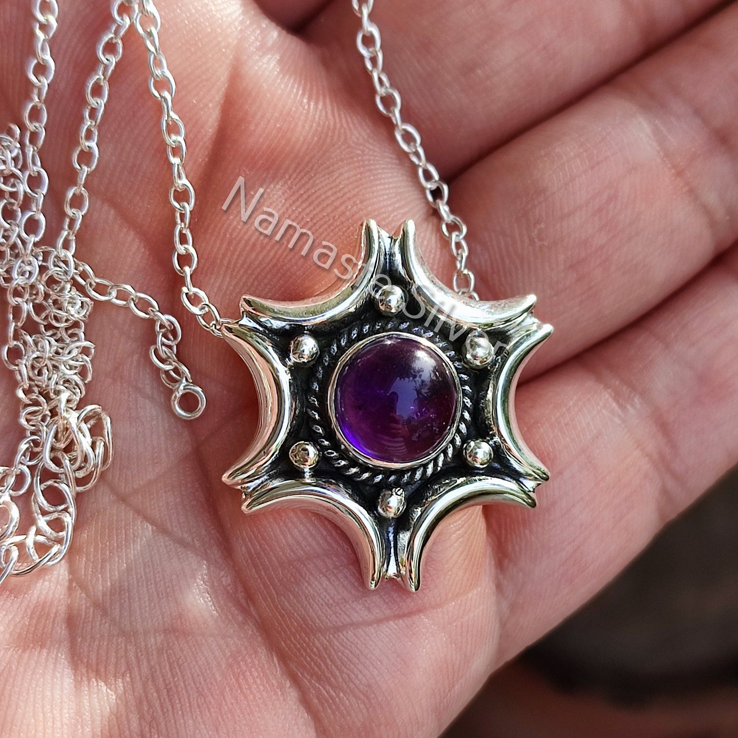 Amethyst Necklace, 925 Sterling Silver Pendant, Natural Purple Amethyst Round Gemstone Handmade Jewelry, February Birthstone, Gift for Her
