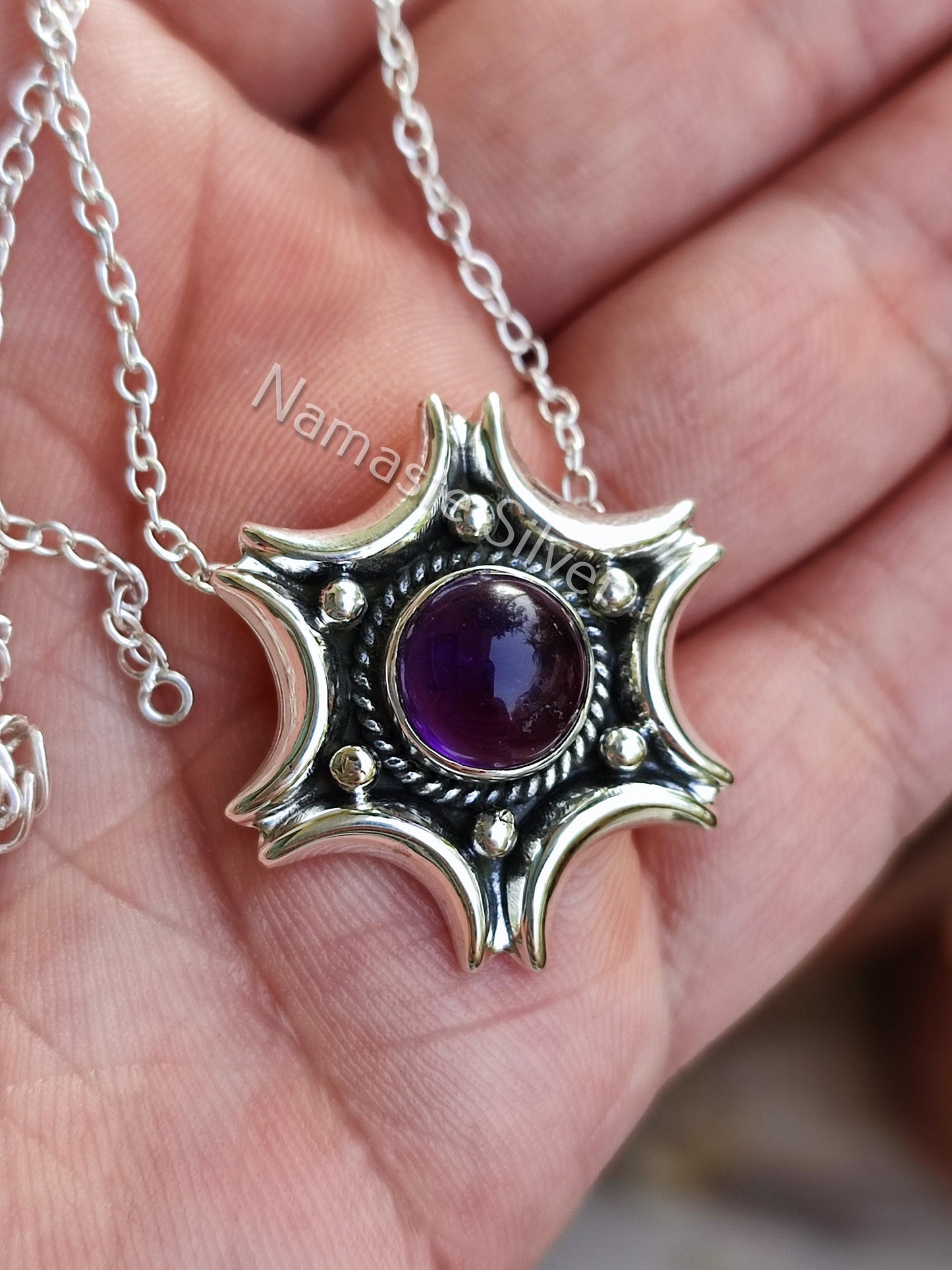 Amethyst Necklace, 925 Sterling Silver Pendant, Natural Purple Amethyst Round Gemstone Handmade Jewelry, February Birthstone, Gift for Her