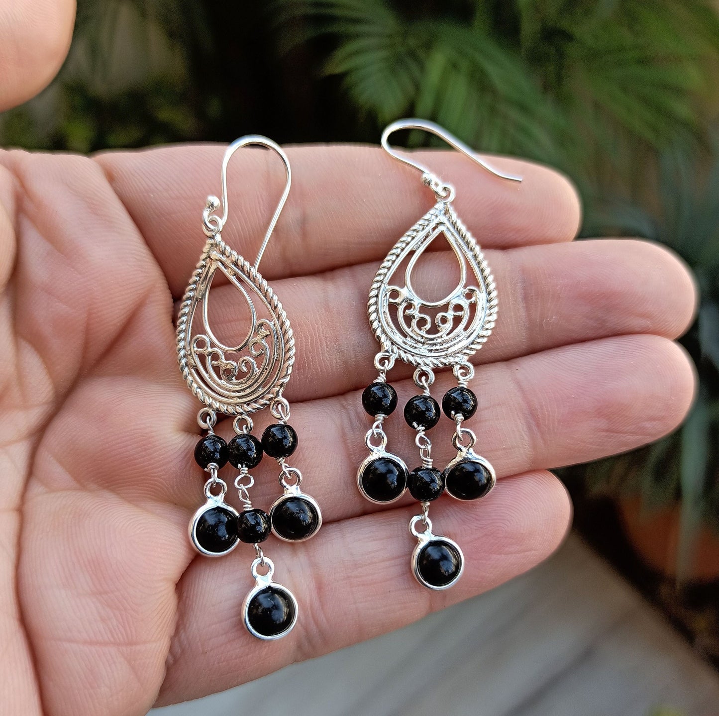 Black Onyx Earrings, 925 Sterling Silver Dangle Drop Earrings, Natural Black Onyx Round Handmade Boho Jewelry, Gift for Her, July Birthstone
