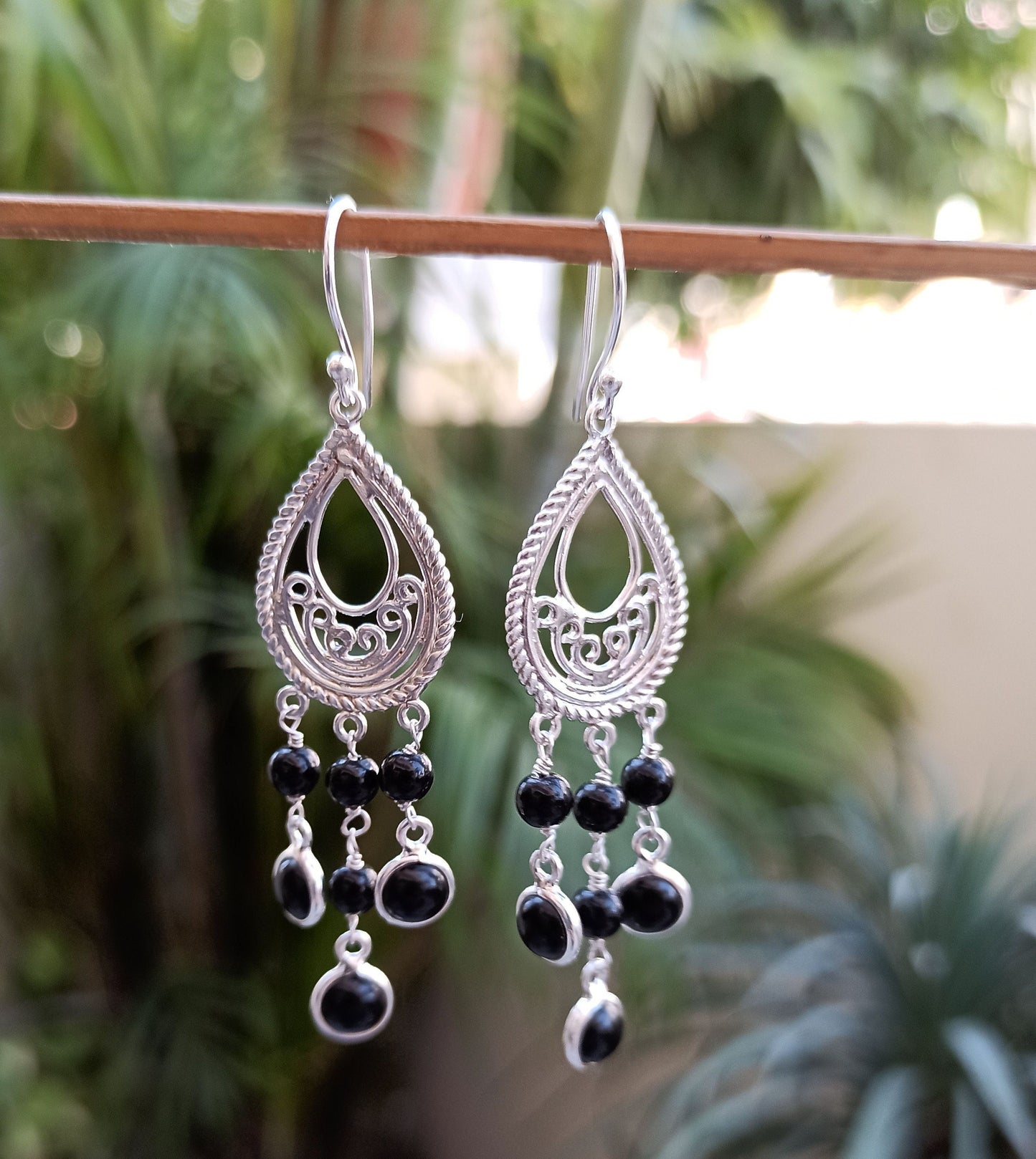 Black Onyx Earrings, 925 Sterling Silver Dangle Drop Earrings, Natural Black Onyx Round Handmade Boho Jewelry, Gift for Her, July Birthstone