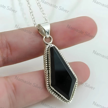 Black Onyx Coffin Necklace, 925 Sterling Silver Coffin Pendant, Natural Black Gemstone Gothic Handmade Jewelry, Boho Halloween Gift for Her