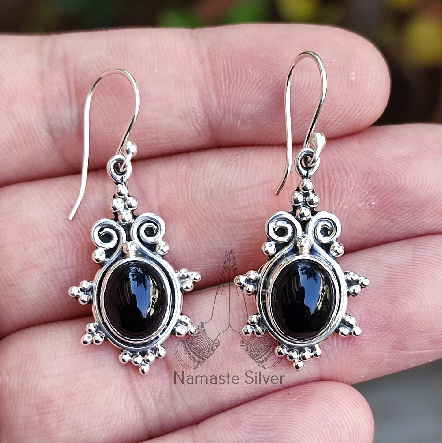 Black Onyx Earrings, 925 Sterling Silver Dangle Earrings, Natural Black Gemstone Oval Handmade Boho Jewelry, July Birthstone Gift for her