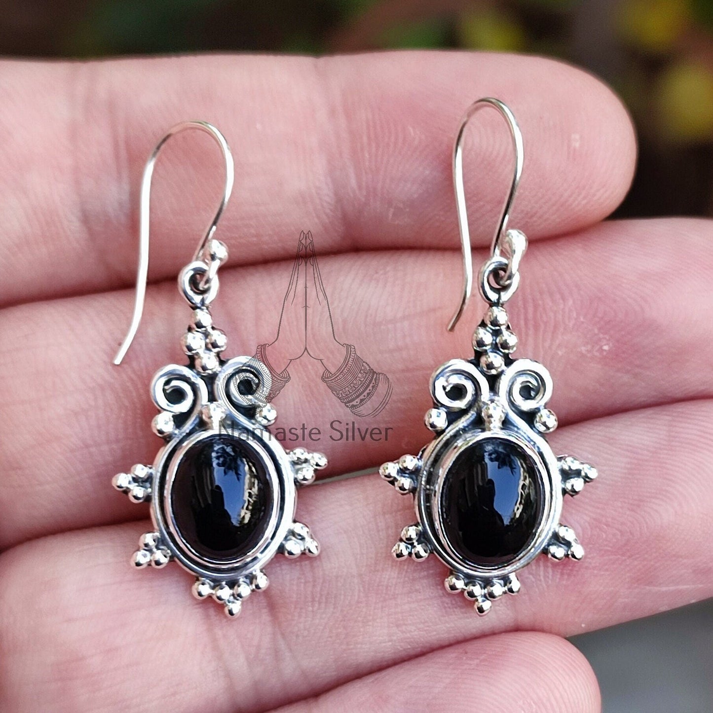 Black Onyx Earrings, 925 Sterling Silver Dangle Earrings, Natural Black Gemstone Oval Handmade Boho Jewelry, July Birthstone Gift for her