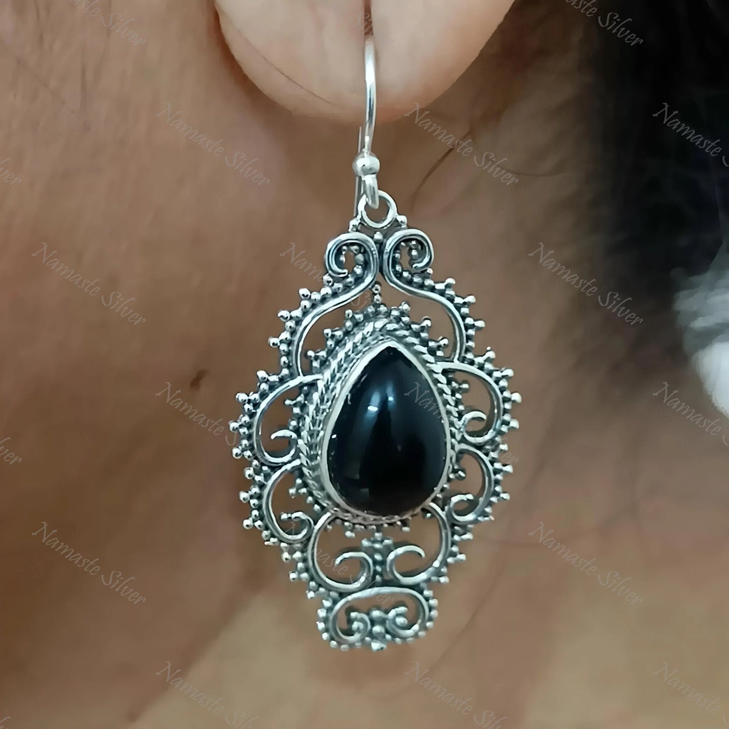 Black Onyx Earrings, 925 Sterling Silver Dangle Earrings, Natural Black Gemstone Pear Shape Handmade Jewelry, July Birthstone, Gift for Her
