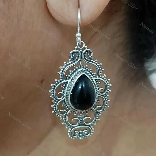 Black Onyx Earrings, 925 Sterling Silver Dangle Earrings, Natural Black Gemstone Pear Shape Handmade Jewelry, July Birthstone, Gift for Her