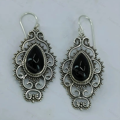 Black Onyx Earrings, 925 Sterling Silver Dangle Earrings, Natural Black Gemstone Pear Shape Handmade Jewelry, July Birthstone, Gift for Her