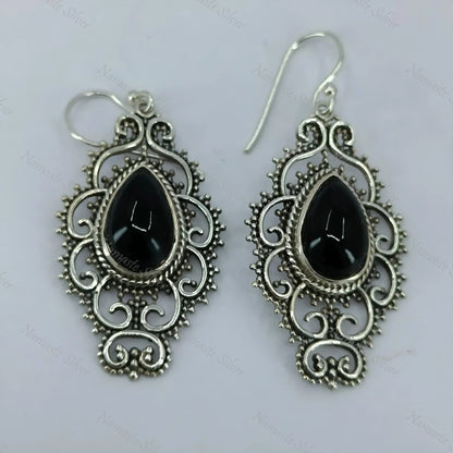 Black Onyx Earrings, 925 Sterling Silver Dangle Earrings, Natural Black Gemstone Pear Shape Handmade Jewelry, July Birthstone, Gift for Her