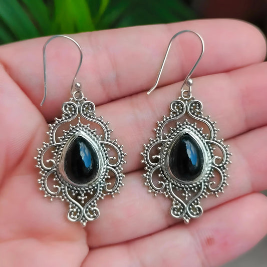 Black Onyx Earrings, 925 Sterling Silver Handmade Dangle Earrings, Natural Black Gemstone Pear Shape Jewelry, July Birthstone, Gift for Her