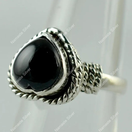 Black Onyx Ring, 925 Sterling Silver Promise Ring, Natural Onyx Heart Shape Gemstone Handmade Jewelry, July Birthstone, Unique Gift for her
