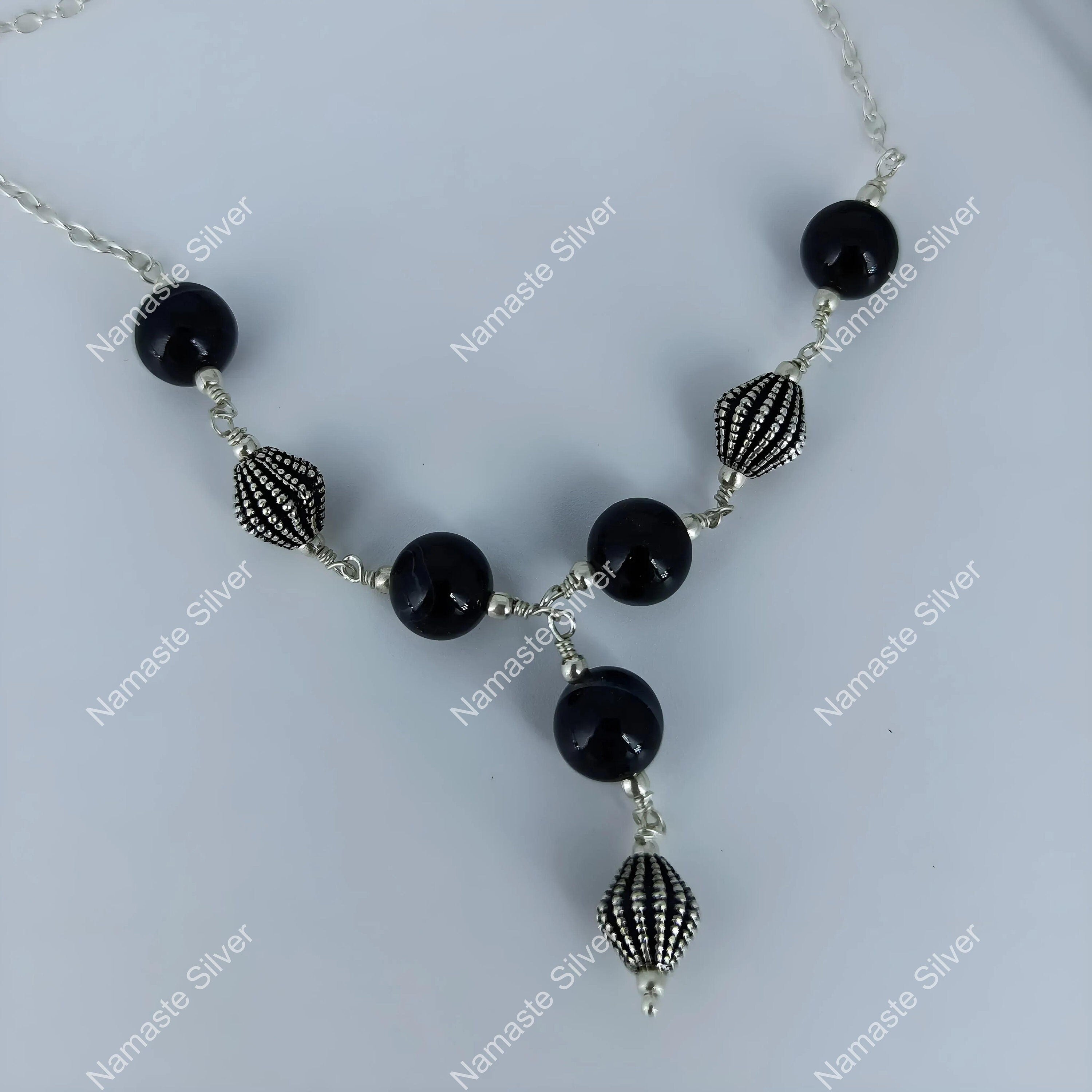 Black Onyx Necklace, 925 Sterling Silver Jewelry, Natural Black Onyx Gemstone Beads Handmade Boho Y Necklace, July Birthstone Gift for her