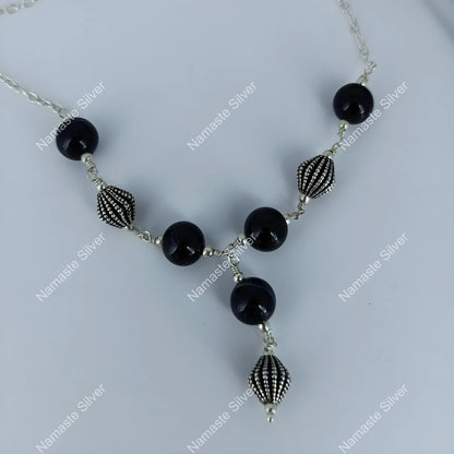 Black Onyx Necklace, 925 Sterling Silver Jewelry, Natural Black Onyx Gemstone Beads Handmade Boho Y Necklace, July Birthstone Gift for her
