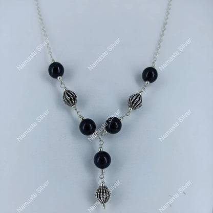 Black Onyx Necklace, 925 Sterling Silver Jewelry, Natural Black Onyx Gemstone Beads Handmade Boho Y Necklace, July Birthstone Gift for her