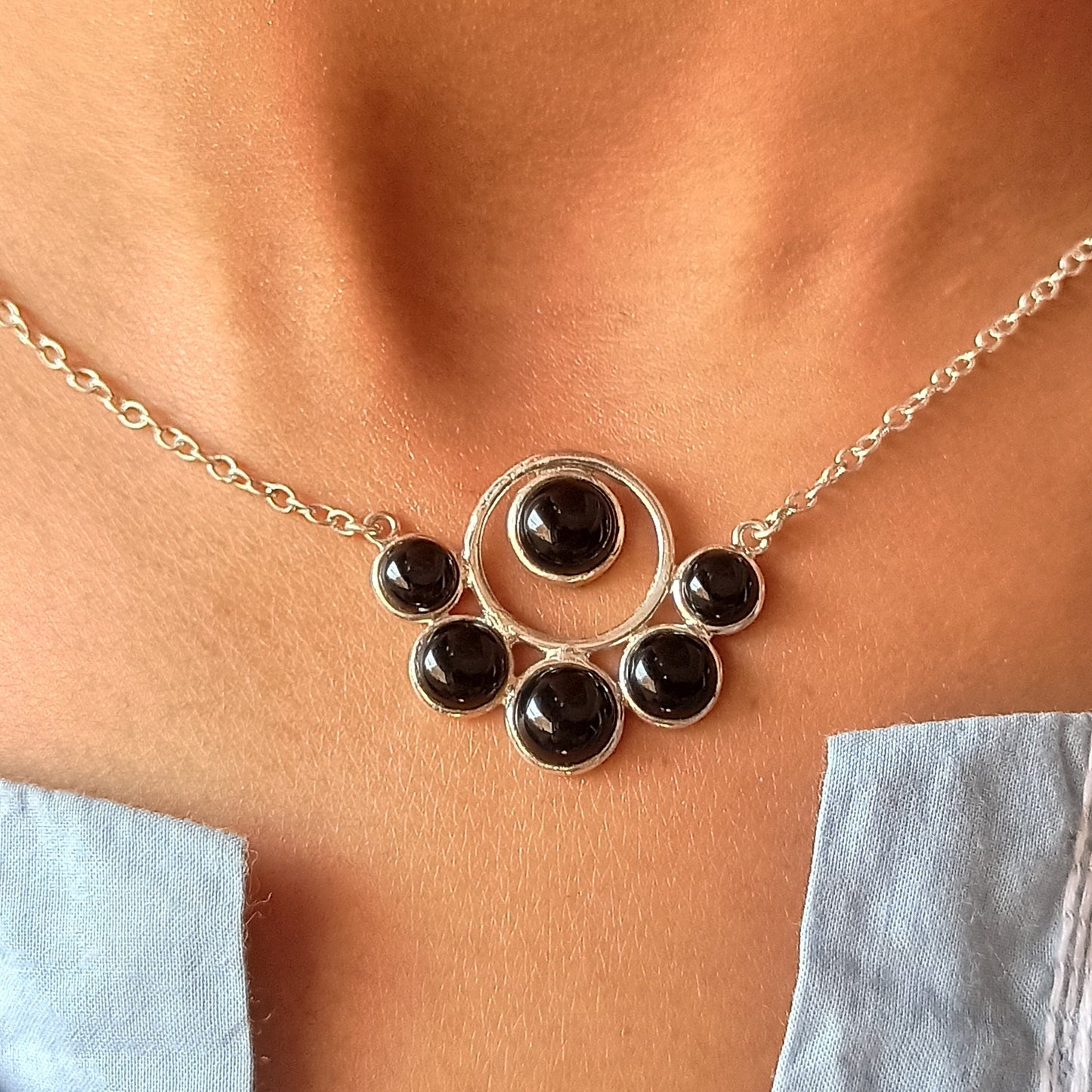 Black Onyx Necklace, 925 Sterling Silver Pendant Chain, Natural Black Gemstone Round Handmade Boho Jewelry, July Birthstone, Gift for Her