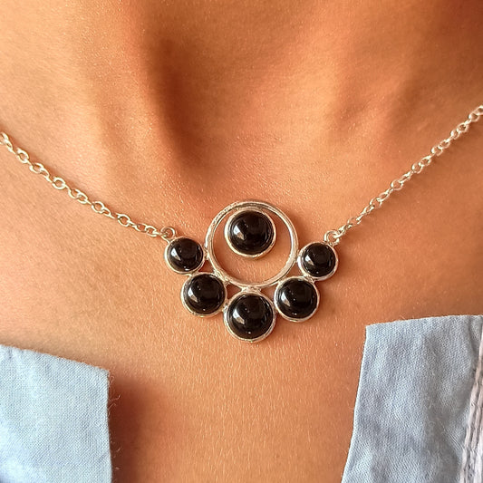Black Onyx Necklace, 925 Sterling Silver Pendant Chain, Natural Black Gemstone Round Handmade Boho Jewelry, July Birthstone, Gift for Her