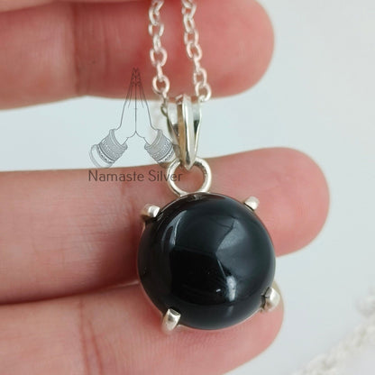 Black Onyx Necklace, Handmade 925 Sterling Silver Pendant, Natural Round Black Gemstone Jewelry, July Birthstone, Gift for her Birthday