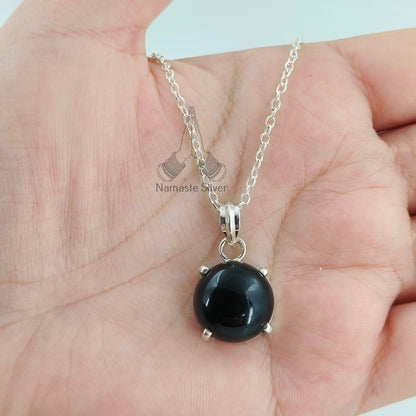 Black Onyx Necklace, Handmade 925 Sterling Silver Pendant, Natural Round Black Gemstone Jewelry, July Birthstone, Gift for her Birthday